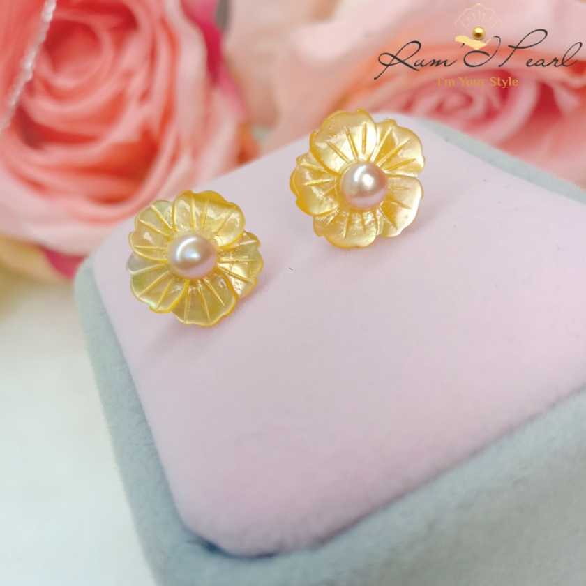 Bông tai võ xà cừ kết hợp ngọc trai